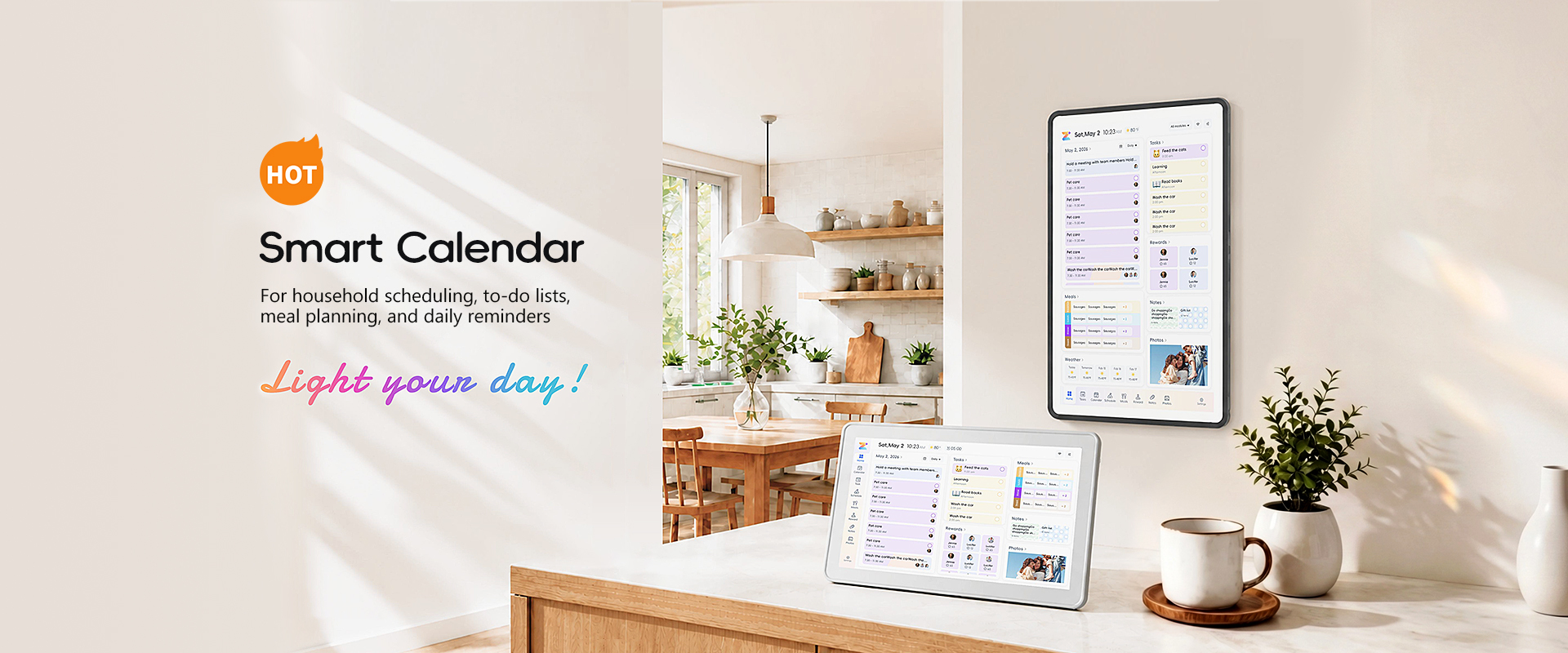 Smart calendar frame on a kitchen counter and wall