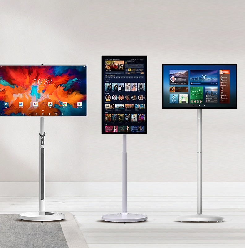 Three portable smart displays on stands